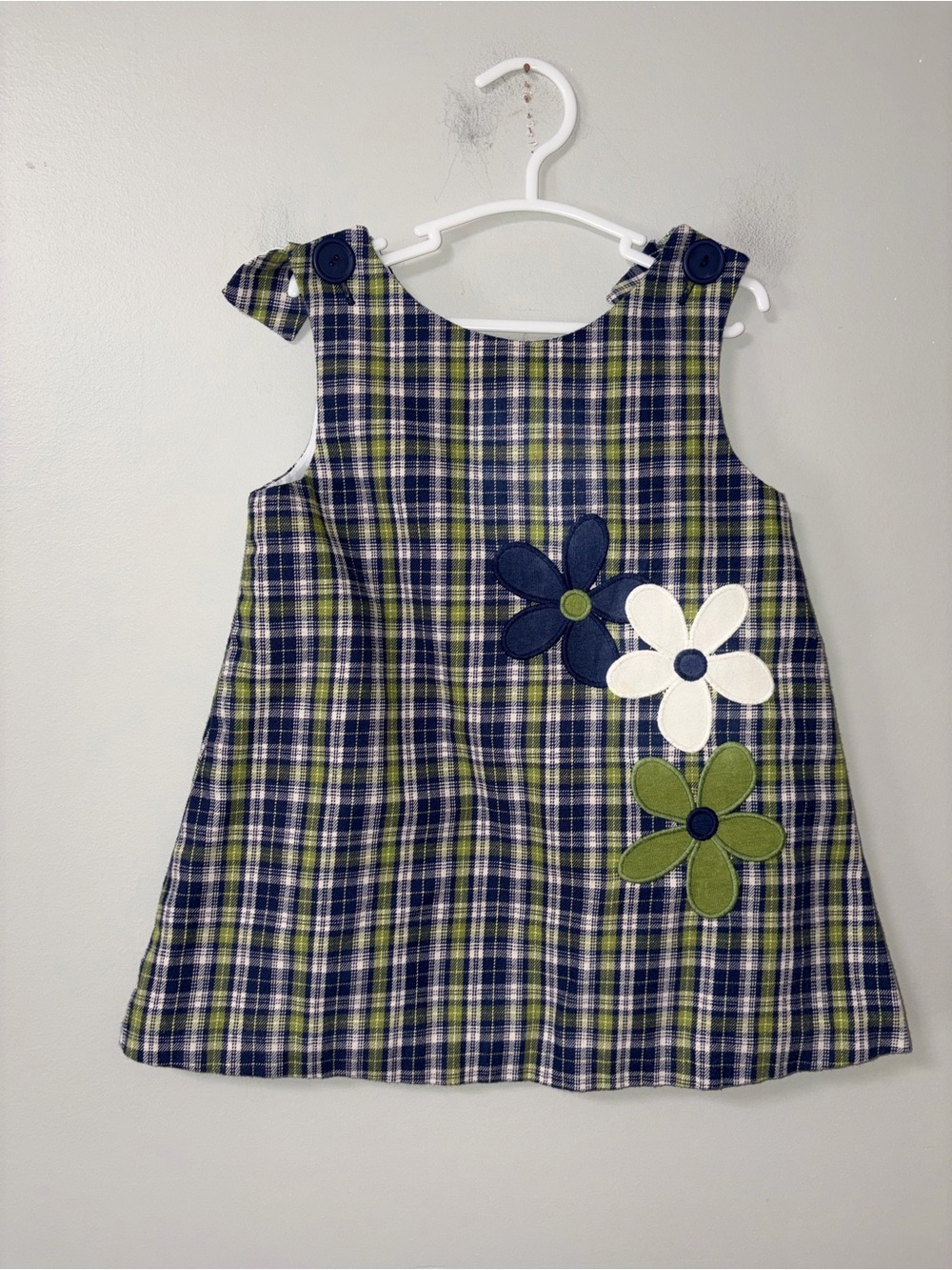 Kelly’s Kids Green Navy Plaid Jumper Dress Vintage Floral Appliqués Girls 2T